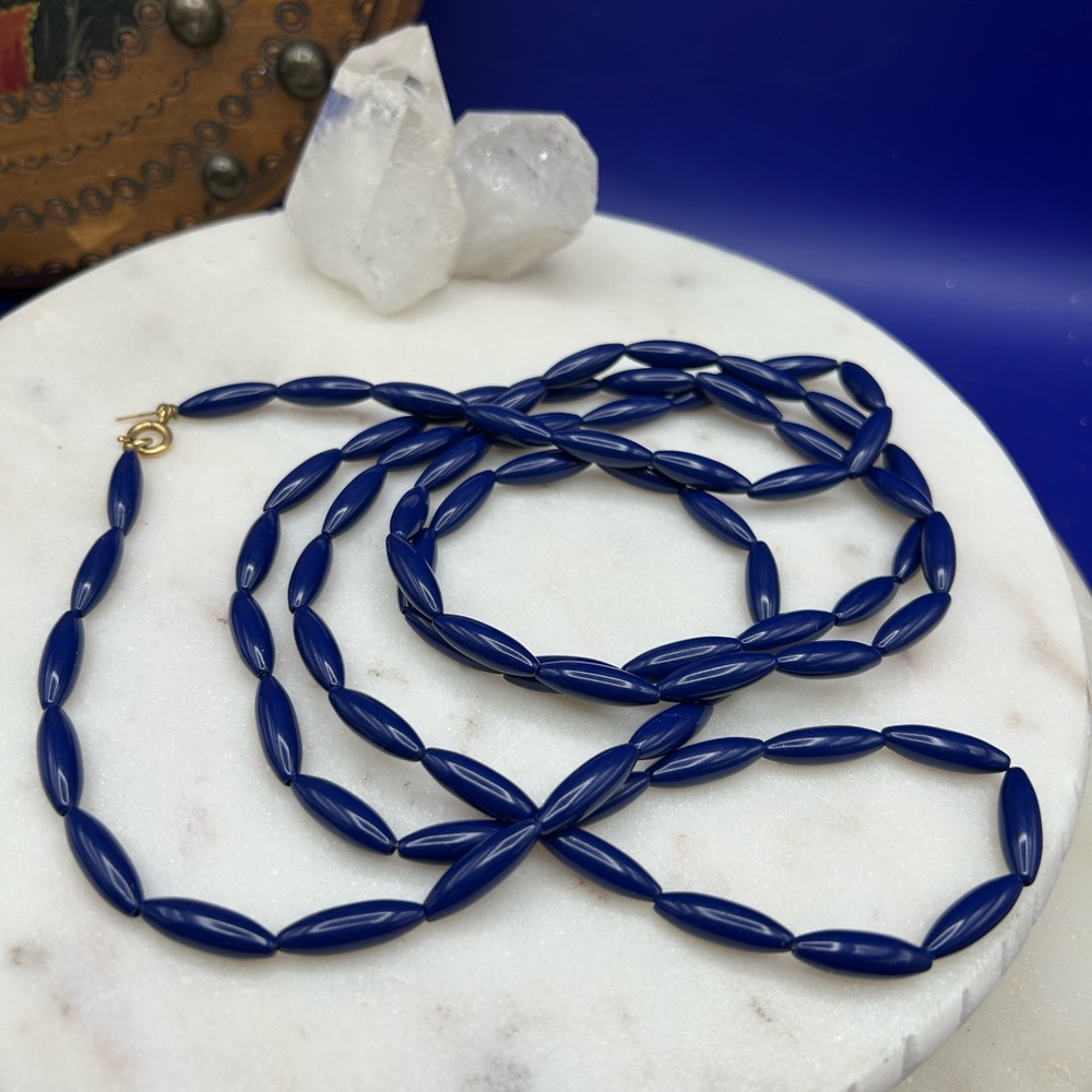 Trifari Crown beaded acrylic necklace navy 58” long